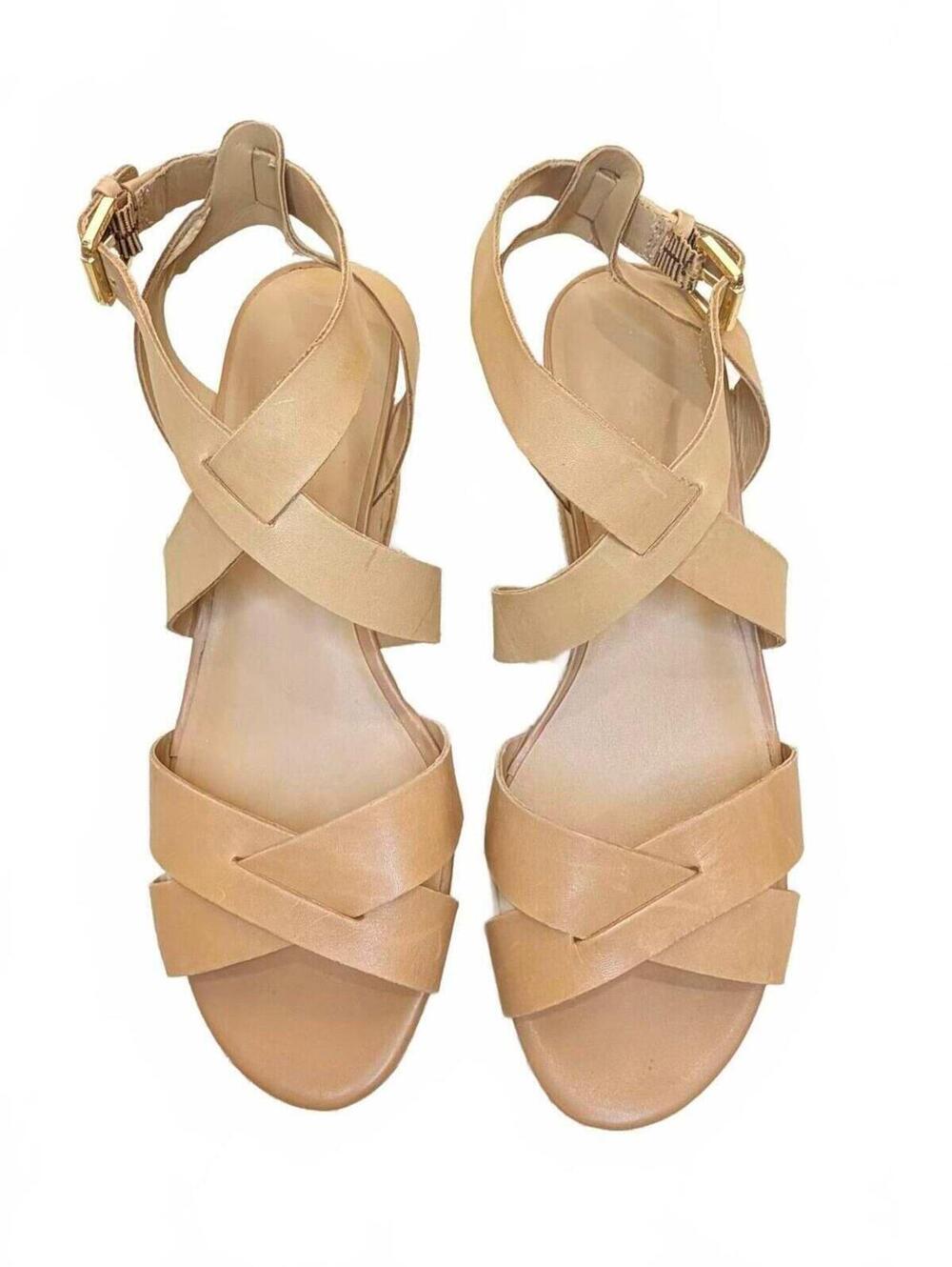 FRANCO SARTO Sophie Tan Leather Platform Wedge‎ Sandals Ankle Strap 8.5